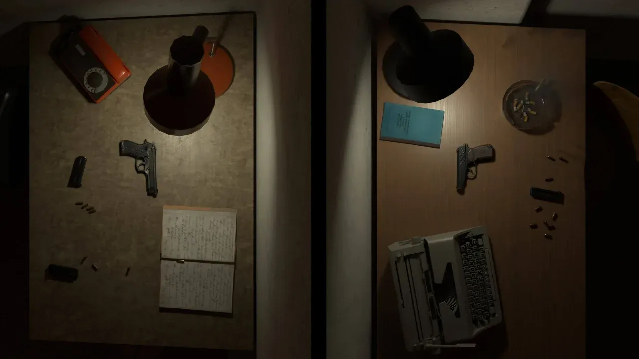 Two Cold War desks side by side in Arma Reforger: an American M9 pistol with magazines and 9x19 mm rounds on one, a Soviet Makarov PM with magazines and 9x18 mm rounds on the other.