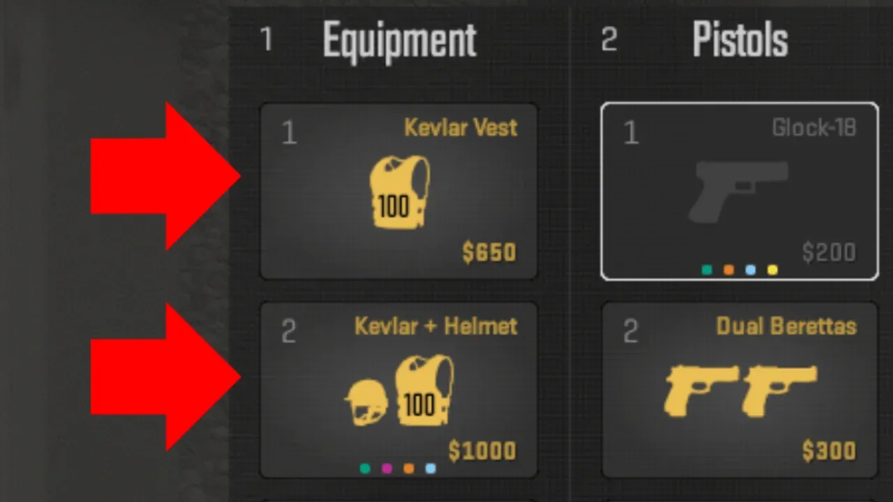 Counter-Strike 2 buy menu showing Kevlar vest and helmet prices with armor point values for tactical equipment.