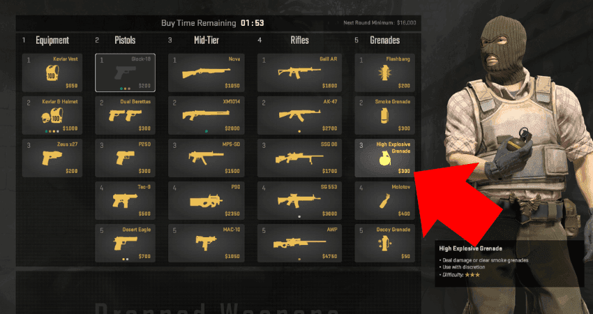 Counter-Strike 2 character holding a grenade with an overlay showing armor damage reduction values.