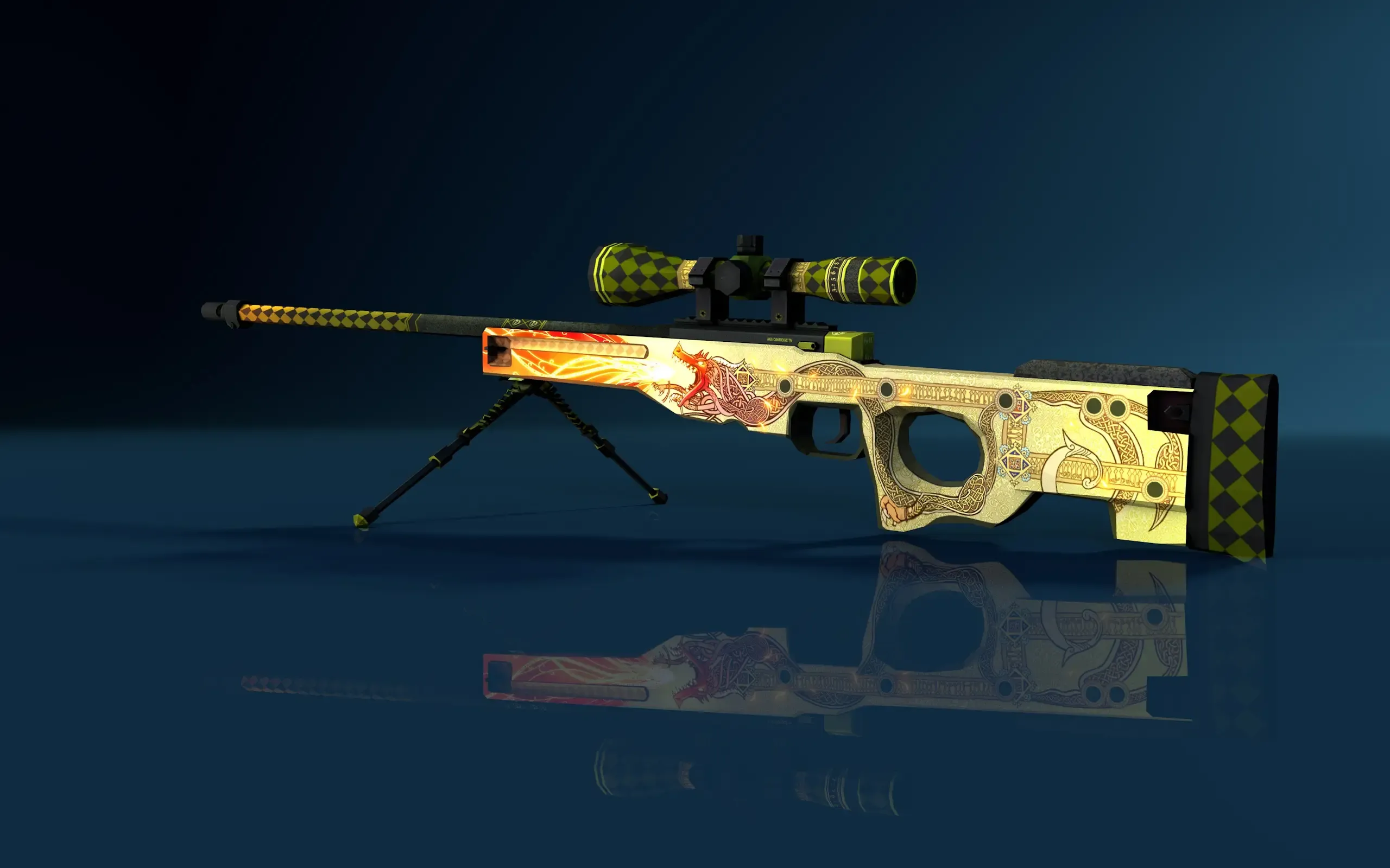 Un rifle de francotirador AWP de Counter-Strike 2 detallado, mostrado contra un mapa táctico que indica ángulos estratégicos.