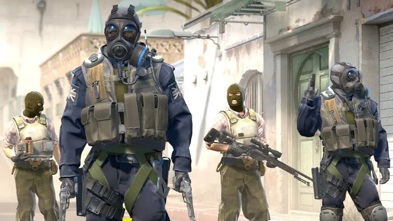 A squad of four Counter-Strike 2 operatives in tactical gear and gas masks preparing for an urban mission.