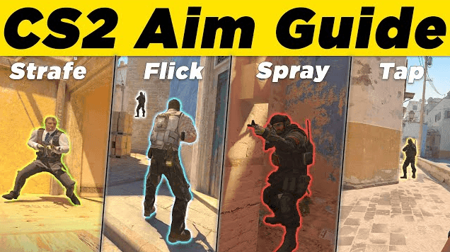 Four-panel diagram illustrating strafe, flick, spray, and tap techniques in Counter-Strike 2.
