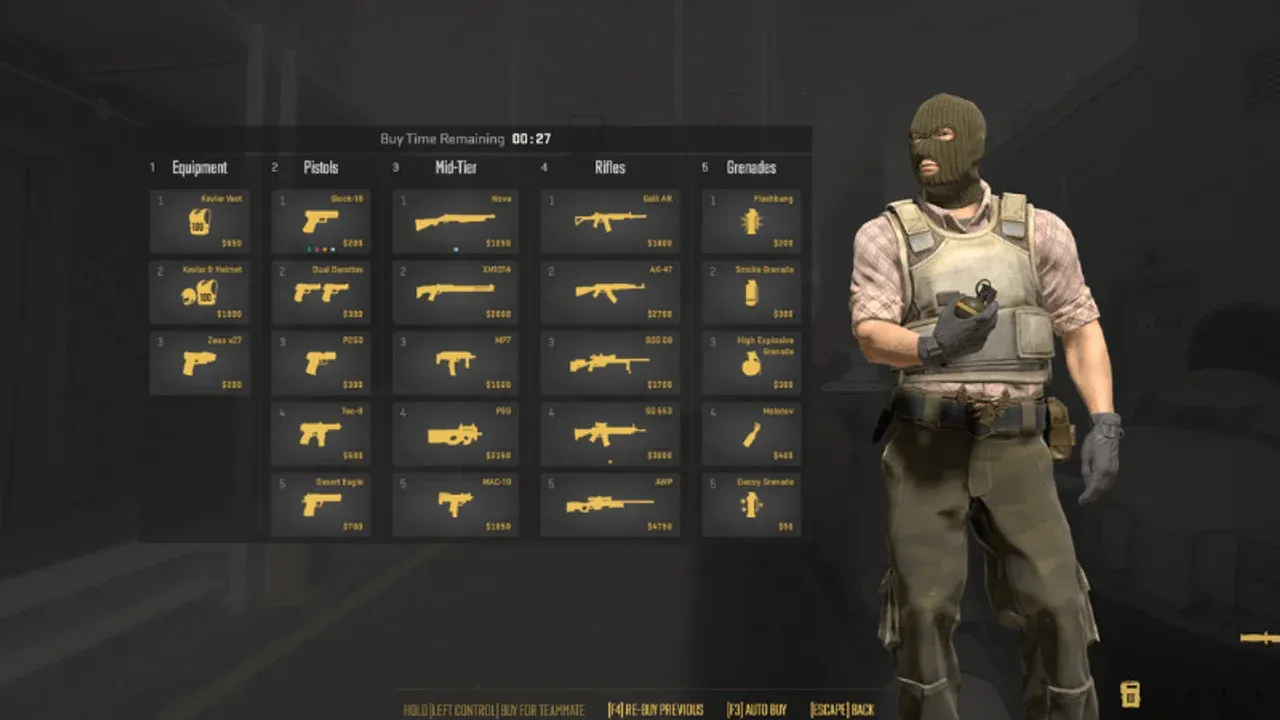 Counter-Strike 2 soldier standing next to the in-game buy menu showing weapon prices and the round countdown timer.