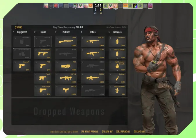 Jugabilidad de Counter-Strike 2 mostrando el menú de compra de inicio de ronda y las opciones de equipamiento para los jugadores.