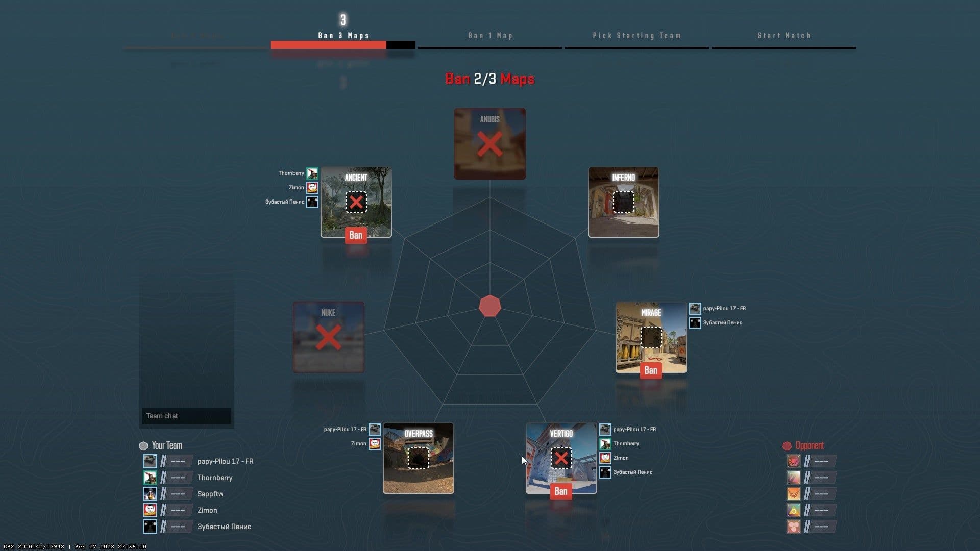 La pantalla de elección y baneo de mapas en el modo Premier de Counter-Strike 2.