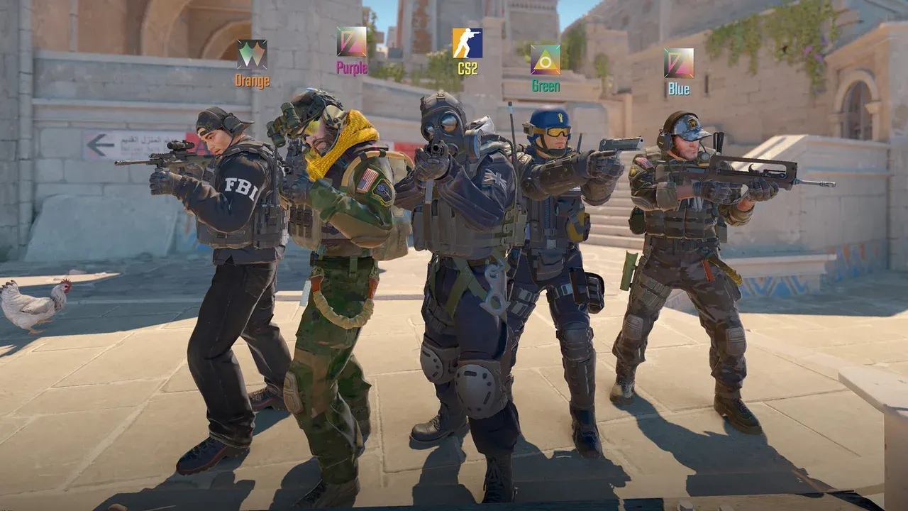 A tactical squad of five Counter-Strike 2 operators stand ready with weapons against a city backdrop.