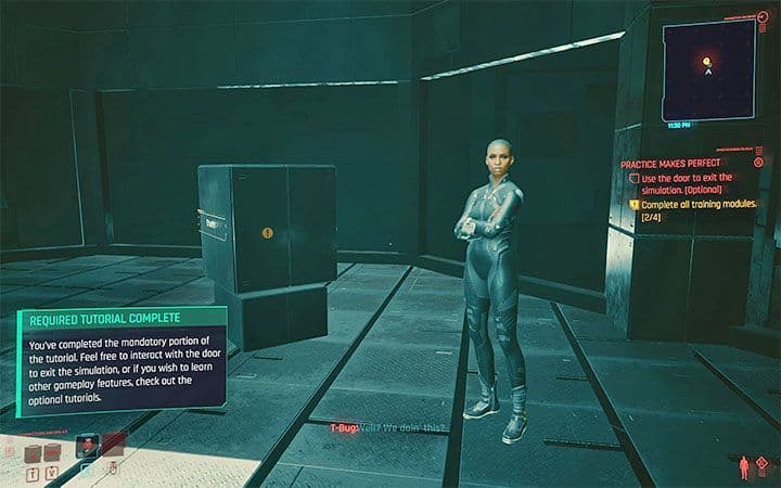 Pantalla de tutorial de RV de Cyberpunk 2077 que explica la mecánica básica del juego para principiantes