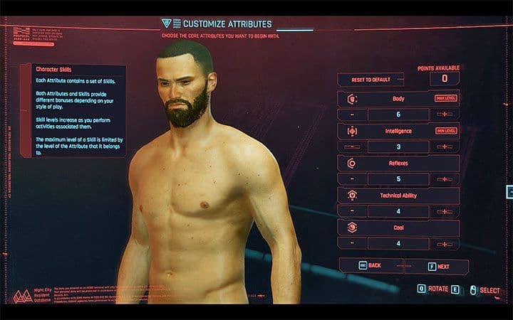 Pantalla de creación de personajes de Cyberpunk 2077 que muestra los puntos de atributo para Constitución, Inteligencia, Reflejos y Habilidad Técnica