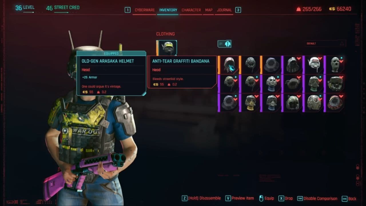 Menú de Ripperdoc de Cyberpunk 2077 que muestra los implantes de ciberware y la capacidad de armadura de V