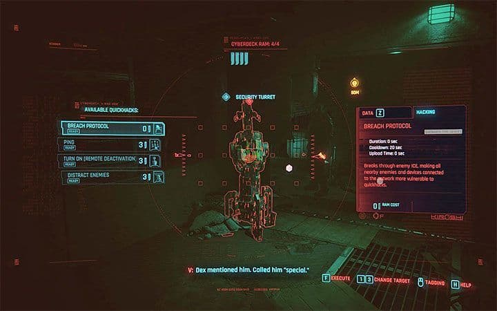 V utiliza el hackeo rápido sobre objetos del entorno en Cyberpunk 2077 para obtener una ventaja táctica.