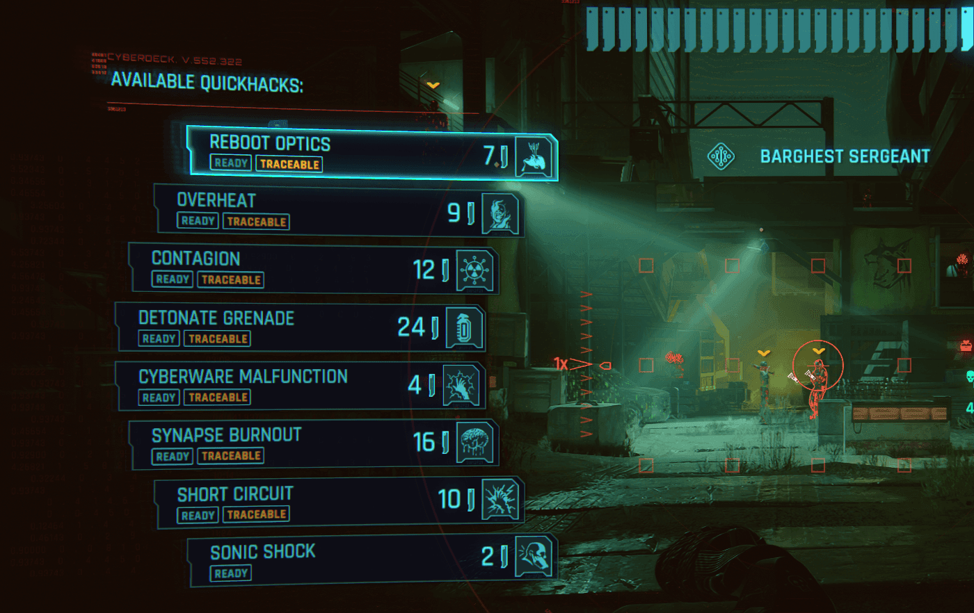 Cyberpunk 2077 scanner listing Overheat, Contagion, Synapse Burnout, and Short Circuit