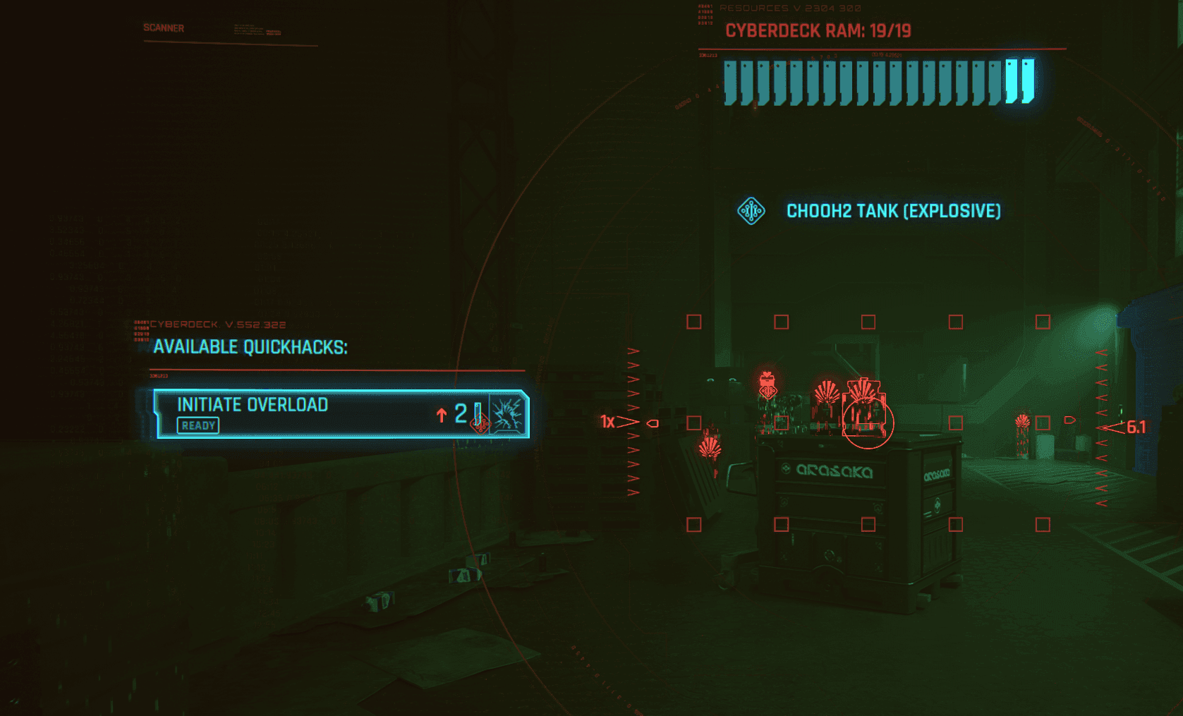 Cyberpunk 2077 scanner targeting an explosive CHOOH2 tank near clustered enemies