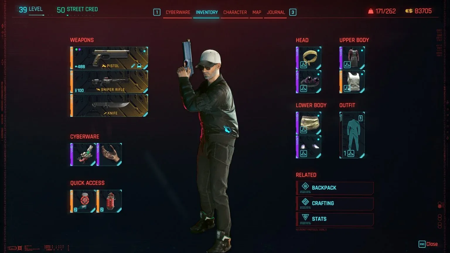 Cyberpunk 2077 inventory screen showing a pistol, sniper rifle, and knife for a stealth loadout