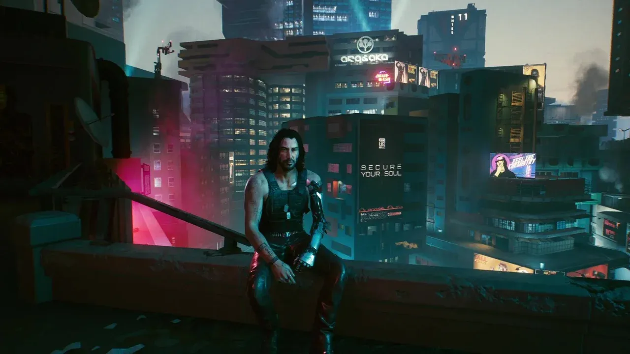 Johnny Silverhand sits on a rooftop ledge overlooking Night City during a Cyberpunk 2077 ending sequence.