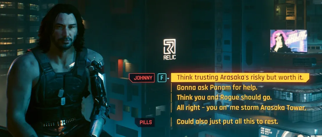 Un personaje en Cyberpunk 2077 discute opciones de final incluyendo Arasaka, Panam y Rogue en un entorno futurista.