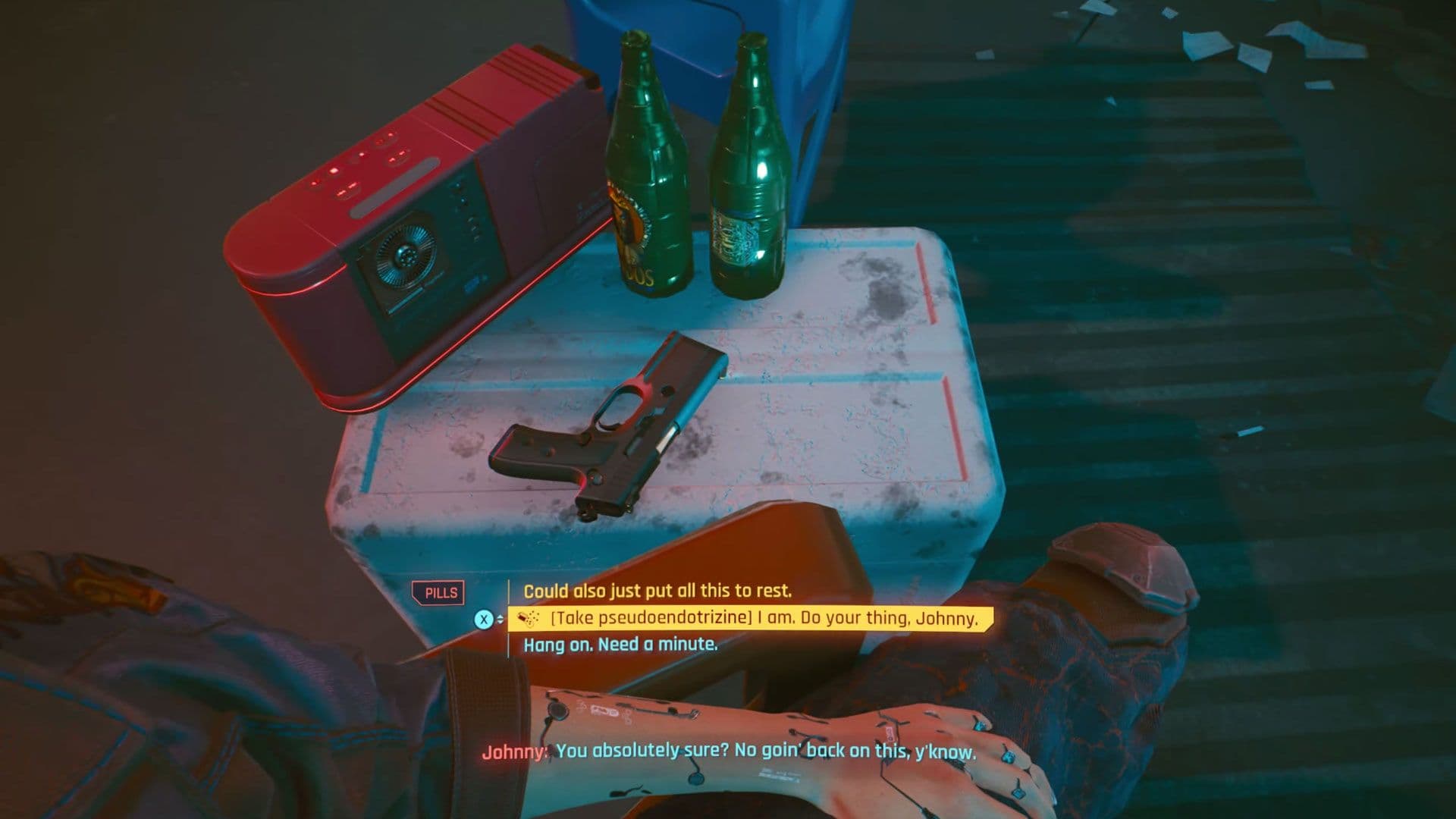 Johnny Silverhand en Cyberpunk 2077 durante la secuencia del final secreto Don't Fear the Reaper.