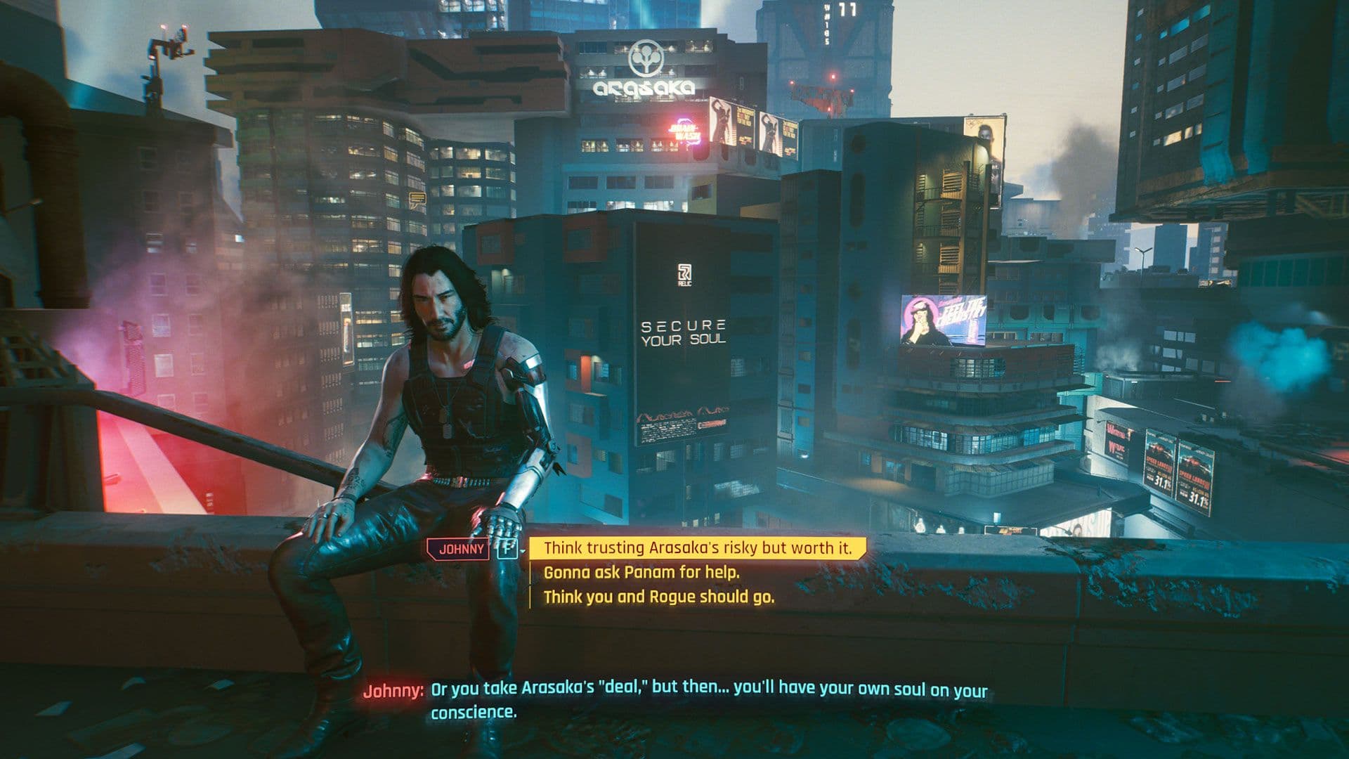 Una toma cinematográfica de uno de los finales de Cyberpunk 2077 protagonizada por V.