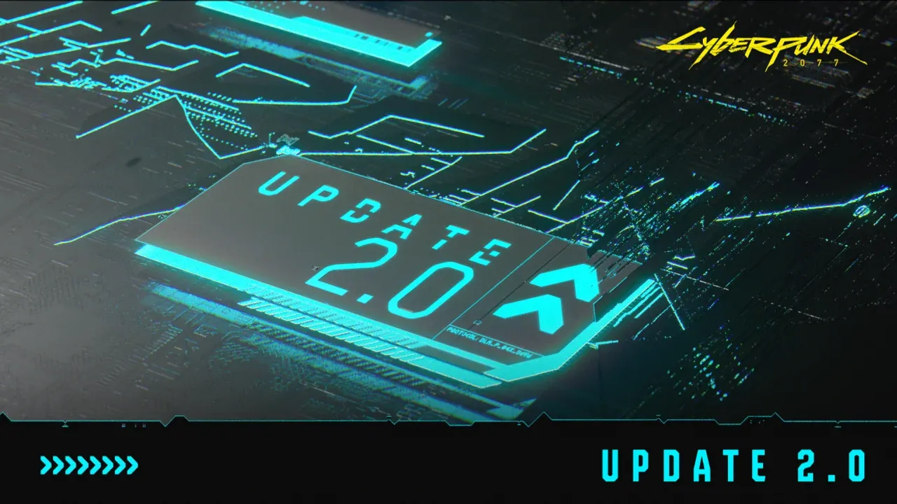 Official Cyberpunk 2077 Update 2.0 artwork showing V in Night City.