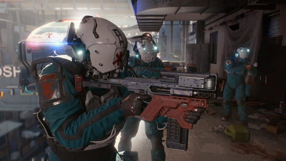 V aims a rifle at armed enemies during a Cyberpunk 2077 firefight.