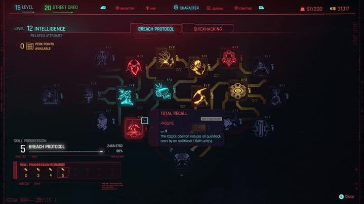 El menú de ventajas de Cyberpunk 2077 muestra varios árboles de habilidades para la progresión del personaje y la especialización de RPG.