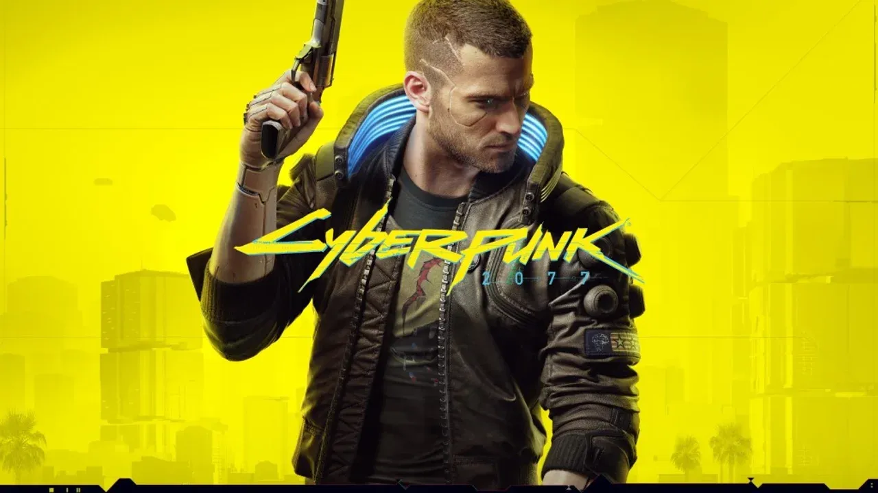 The iconic Cyberpunk 2077 cover art featuring V against a yellow background with the game's logo.