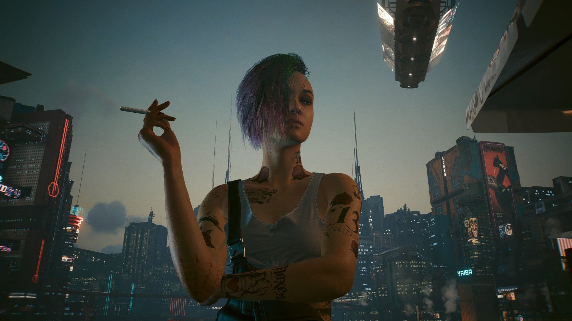 Judy smoking against the illuminated skyline of Night City in Cyberpunk 2077