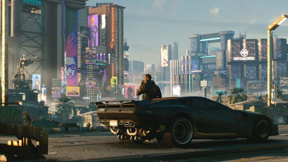 Cyberpunk 2077 sports car overlooking Night City
