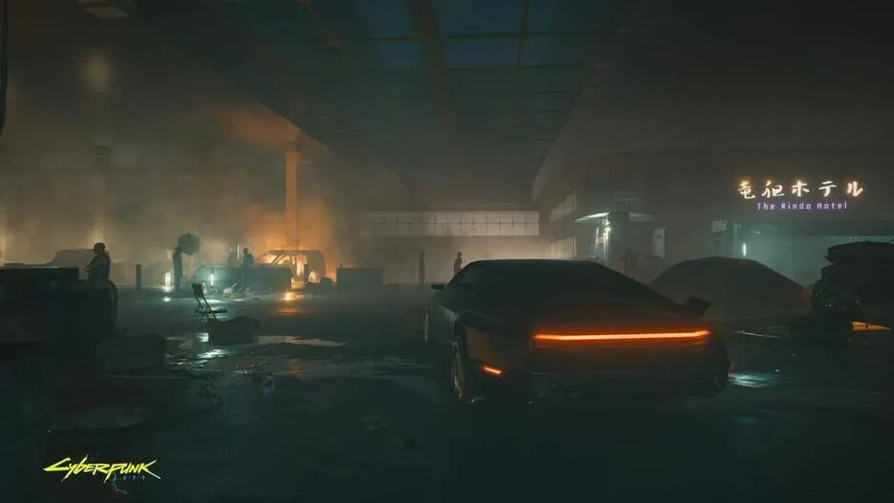 Cyberpunk 2077 car driving through a rain-soaked Night City street