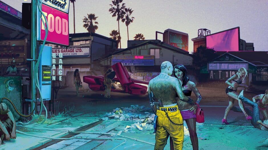 Arte oficial de personajes de Cyberpunk 2077 que representa el diverso elenco y estilo del juego.