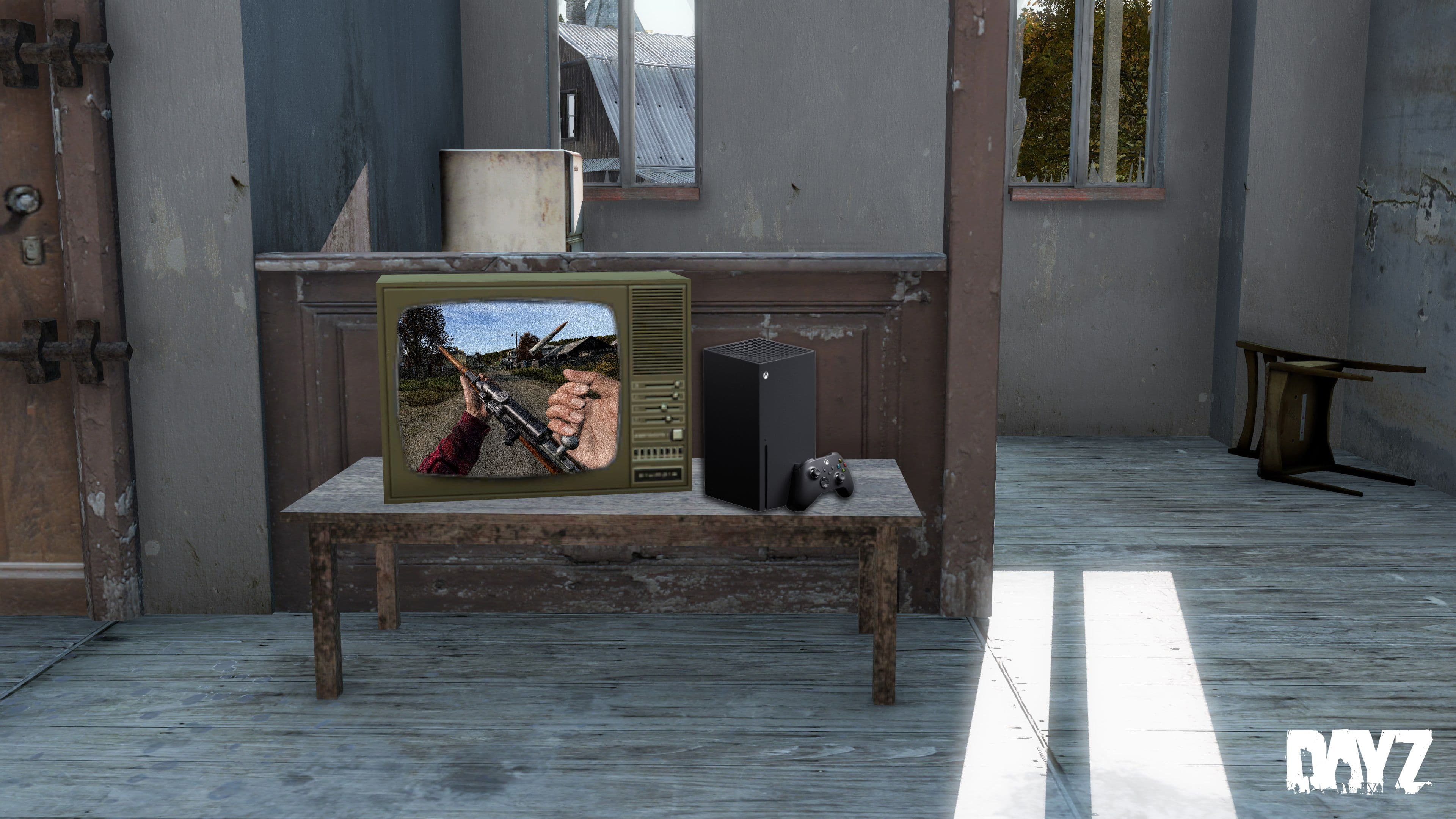 DayZ console setup with an Xbox Series X and gameplay on a television