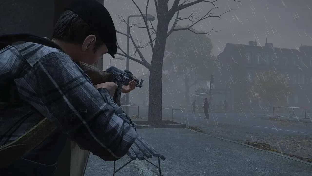 A DayZ survivor braced against a building corner with a rifle raised, watching two figures move down a rain-soaked street