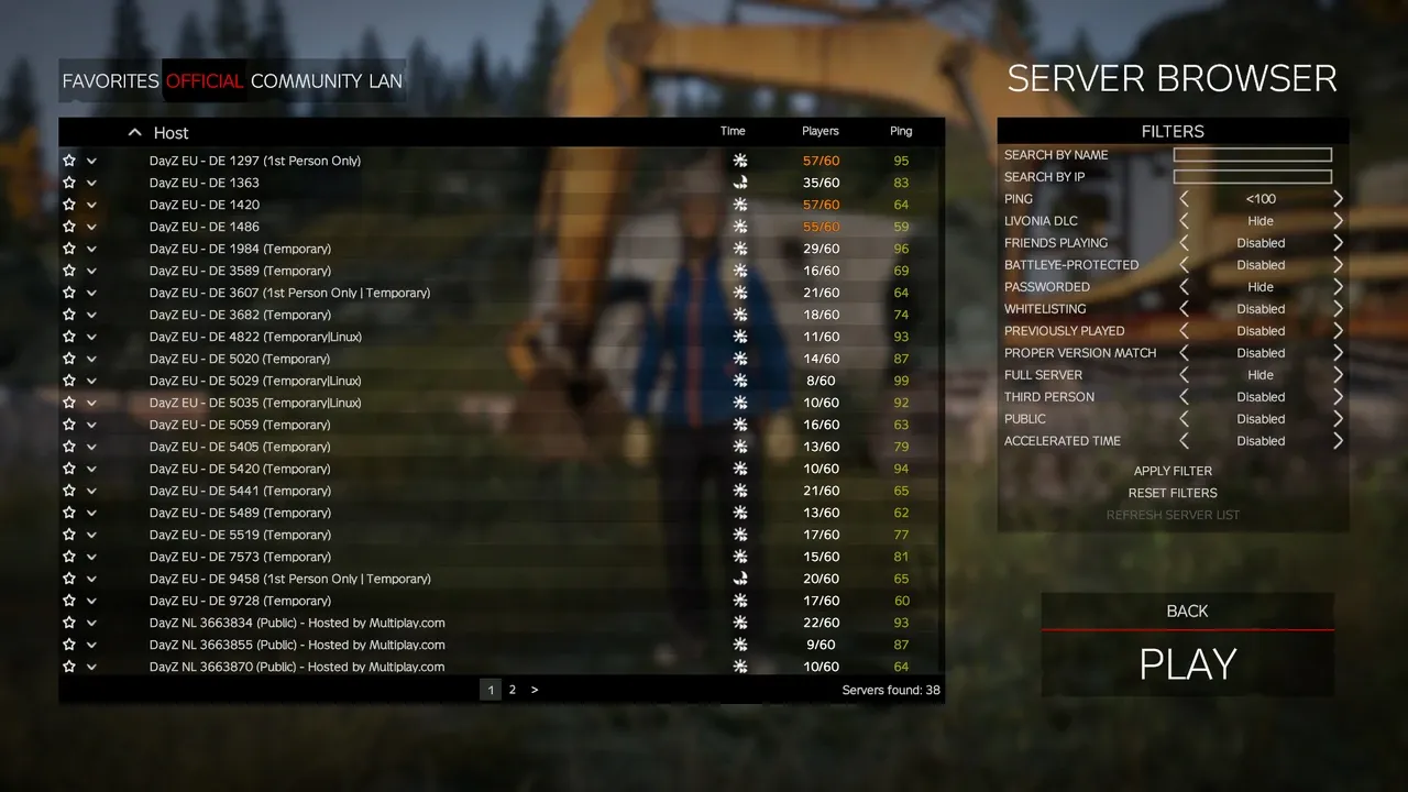 The DayZ server browser on the Official tab, showing servers labelled 1st Person Only and the Third Person filter in the panel on the right