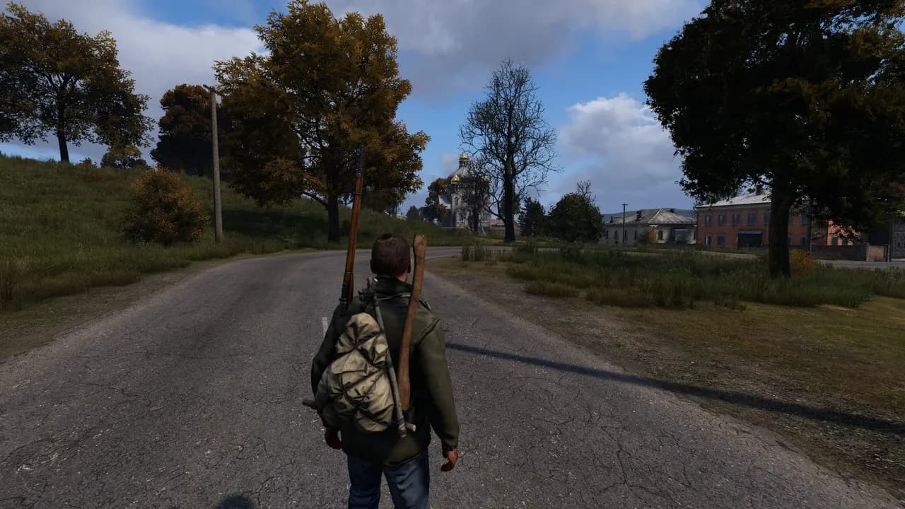 DayZ third-person view of a survivor on a Chernarus road, the camera positioned behind and above their shoulder