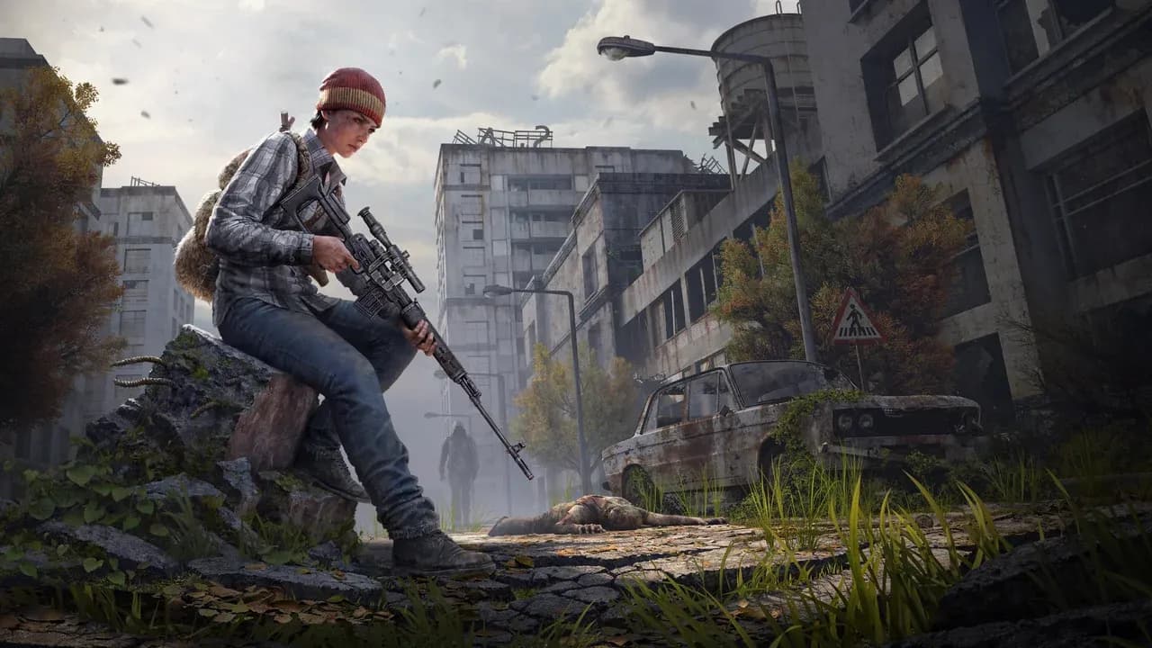 DayZ survivor with a rifle in a ruined city