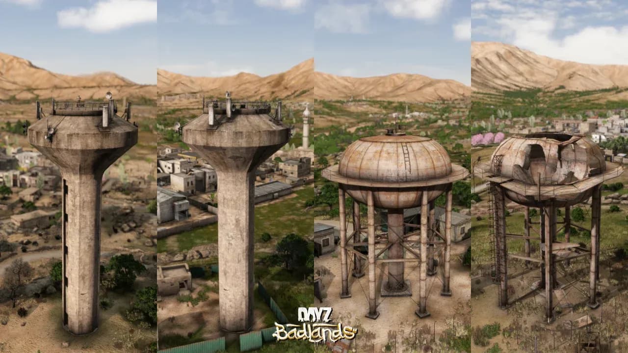 DayZ Badlands landscape with water towers, domed buildings and Nasdara terrain