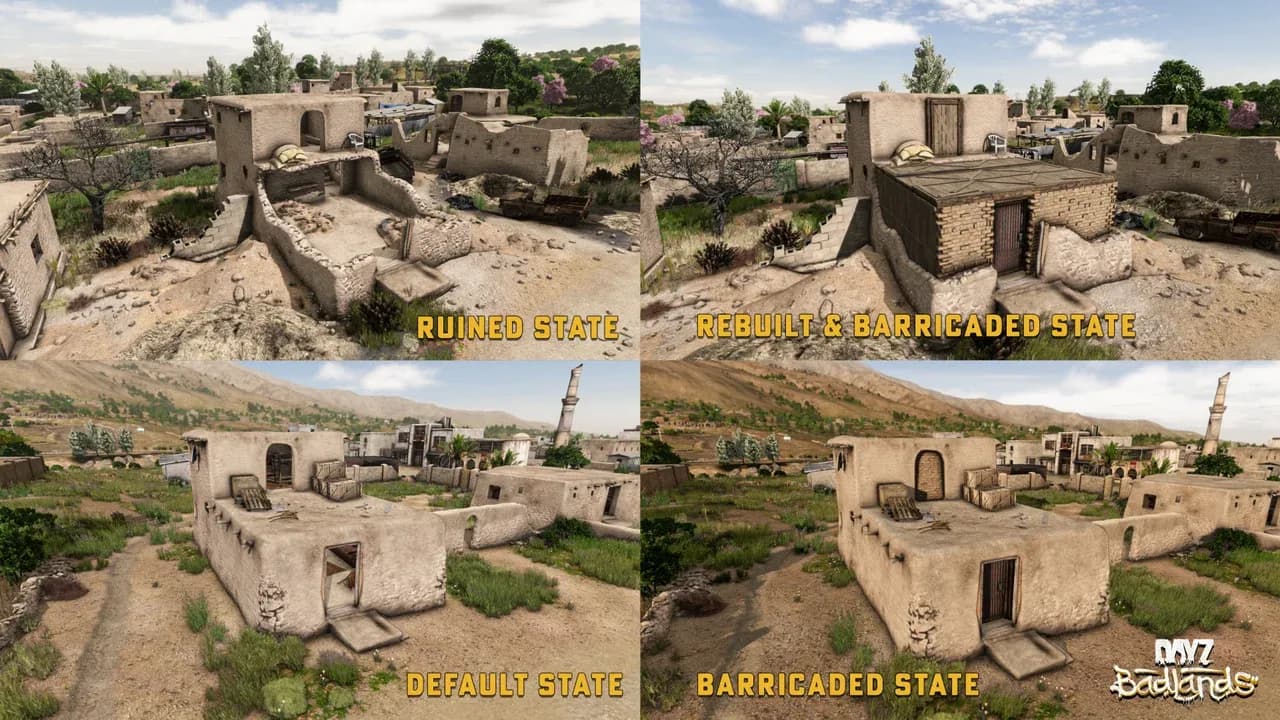 Four labelled DayZ Badlands states across two Nasdara houses: ruined, rebuilt and barricaded, default, and barricaded
