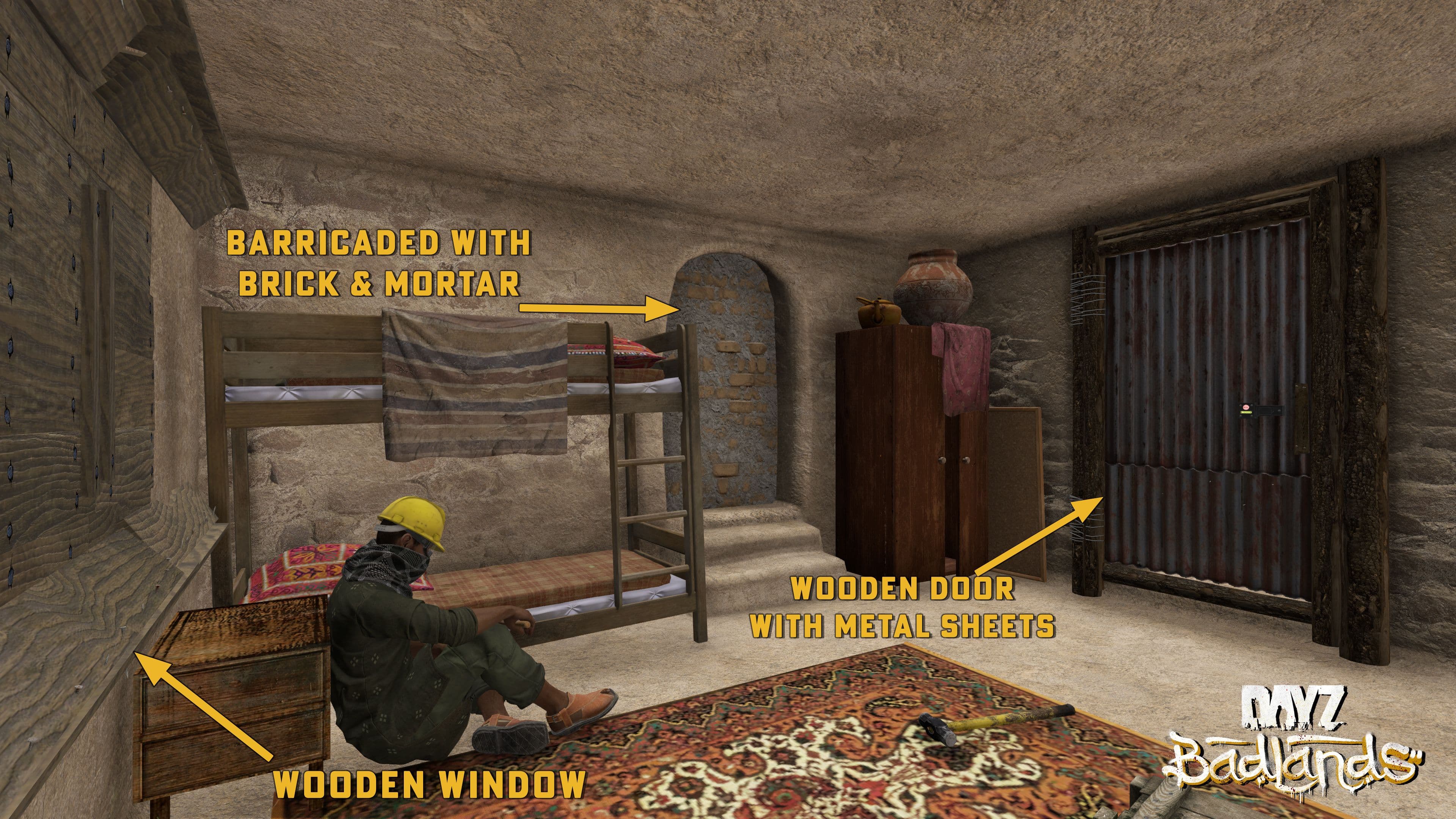 Una habitación de DayZ Badlands con tres métodos de restauración etiquetados por el desarrollador: un vano tapiado con ladrillo, una puerta de madera revestida con chapa ondulada y una ventana entablada