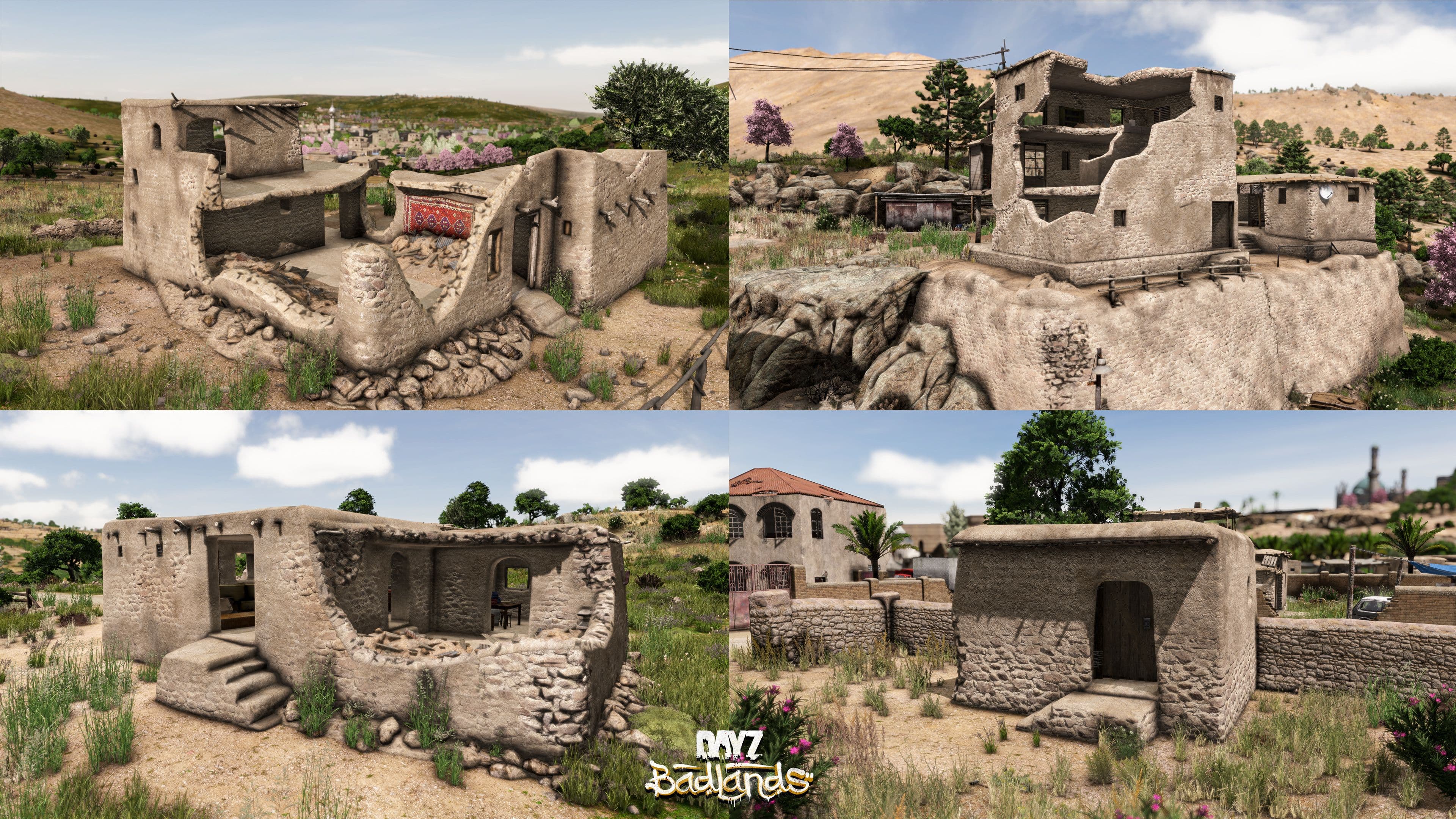 Four broken mud and stone houses of the type players can rebuild in DayZ Badlands