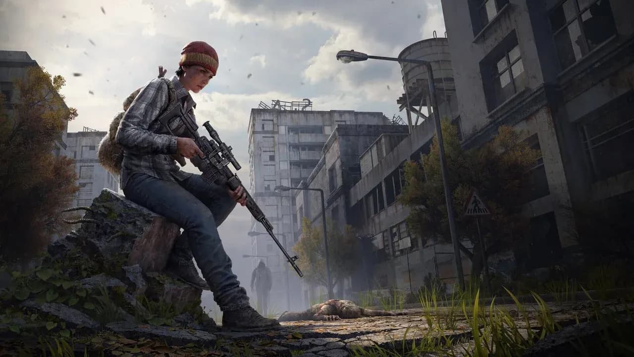 A DayZ survivor with a scoped rifle watching a ruined Chernarus city from cover