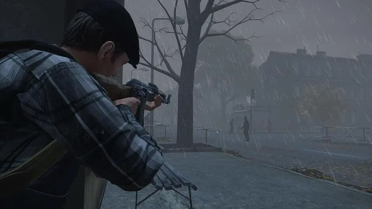 DayZ survivor aiming through a rain-soaked street