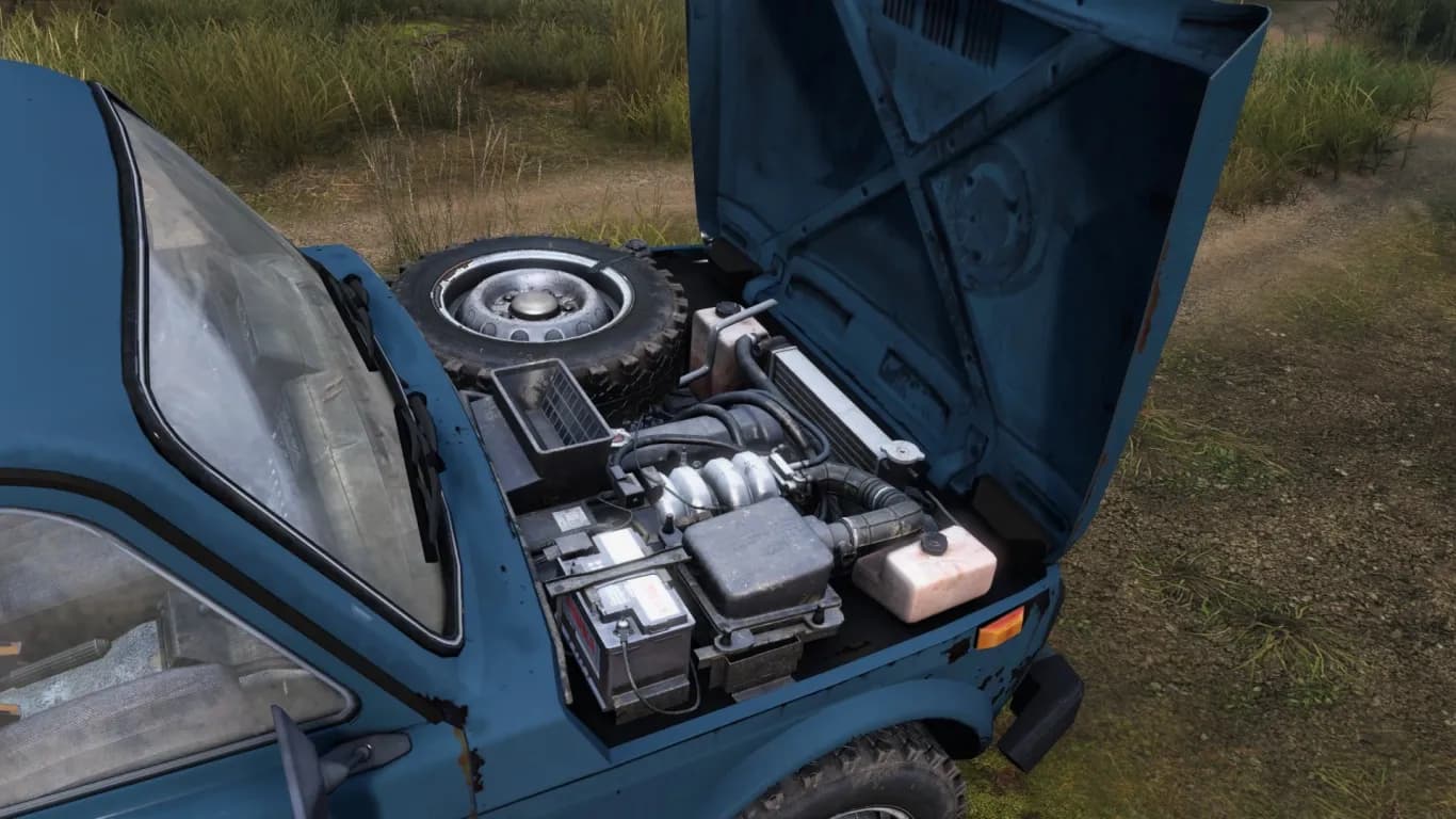 A blue DayZ vehicle with its hood raised, exposing the battery and engine bay.
