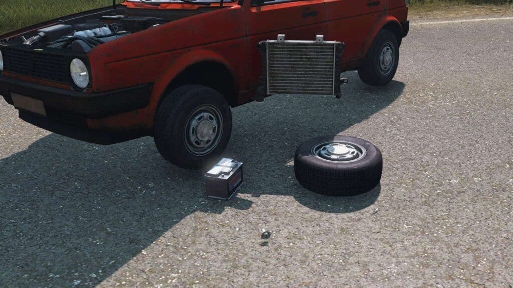 A red DayZ hatchback with its hood open and a Car Battery, radiator, and spare tire arranged on the road.