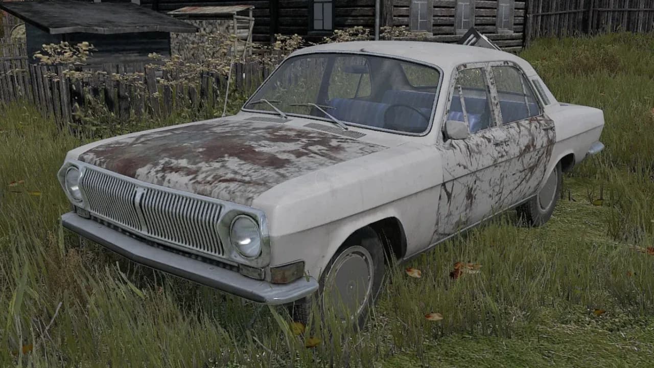 A weathered white DayZ sedan parked in overgrown grass beside a rural house.