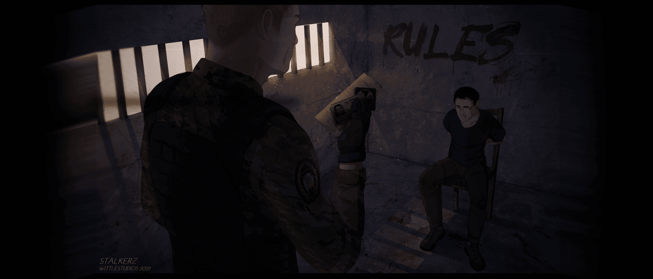 StalkerZ roleplay scene showing a uniformed character questioning a seated survivor