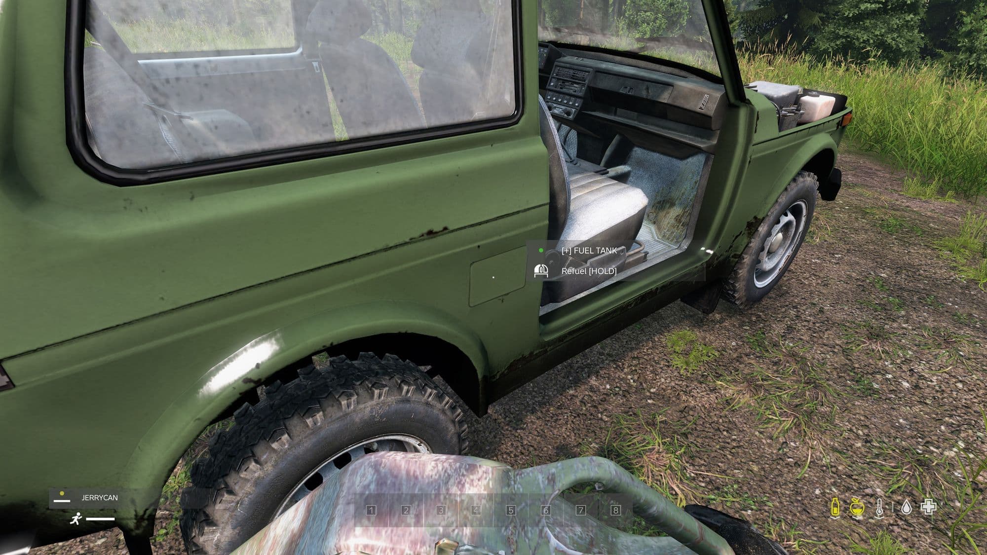 DayZ survivor refueling an Ada 4x4 at its fuel cap.