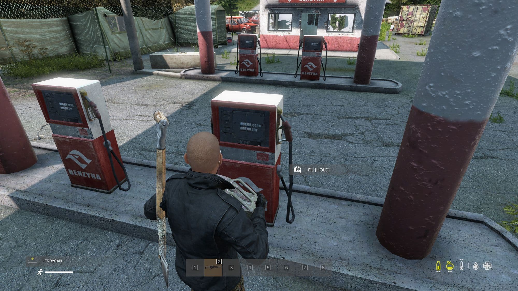 DayZ survivor filling a Jerrycan at a fuel pump.