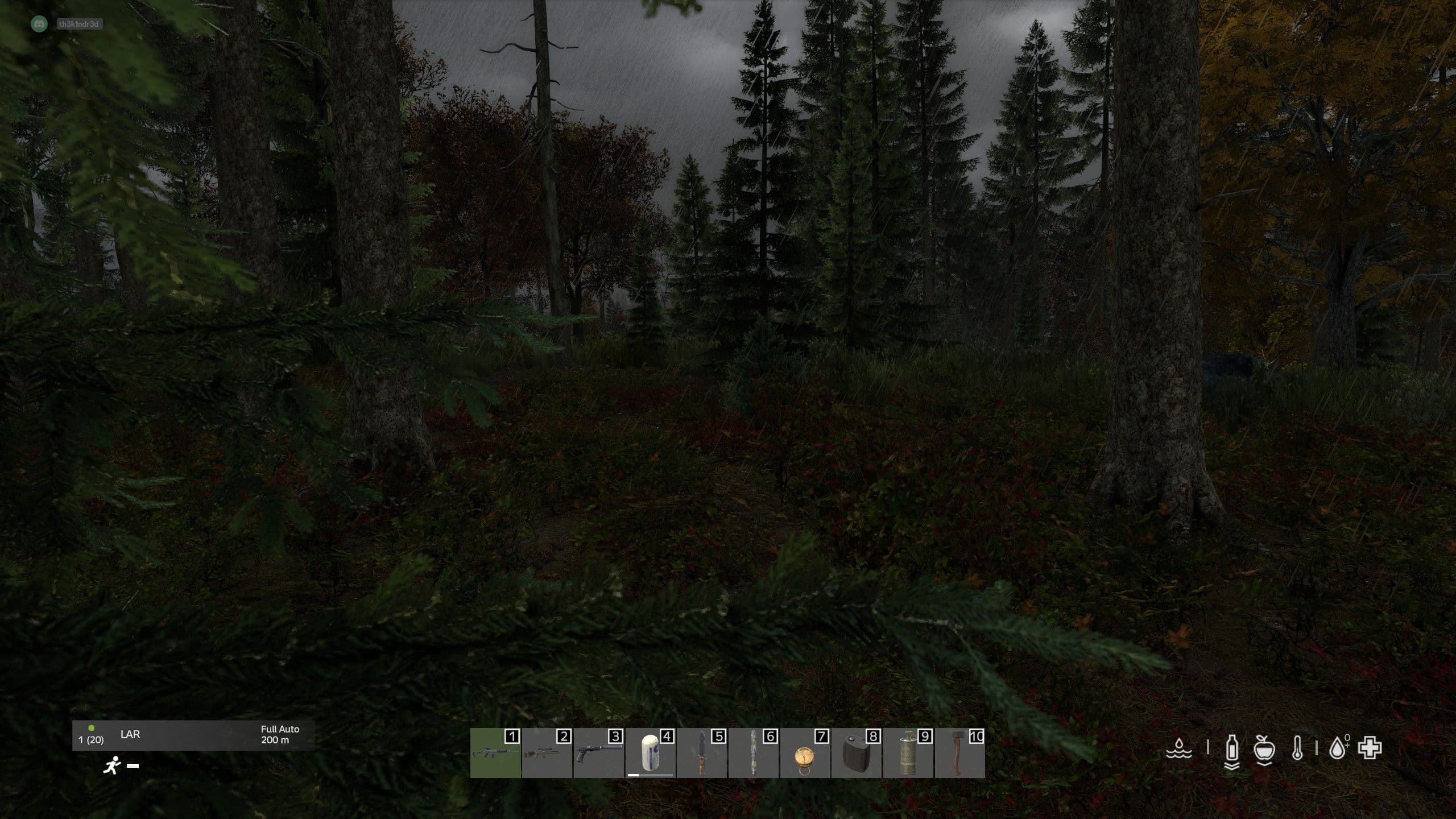 A concealed improvised shelter blending into dense conifers in DayZ