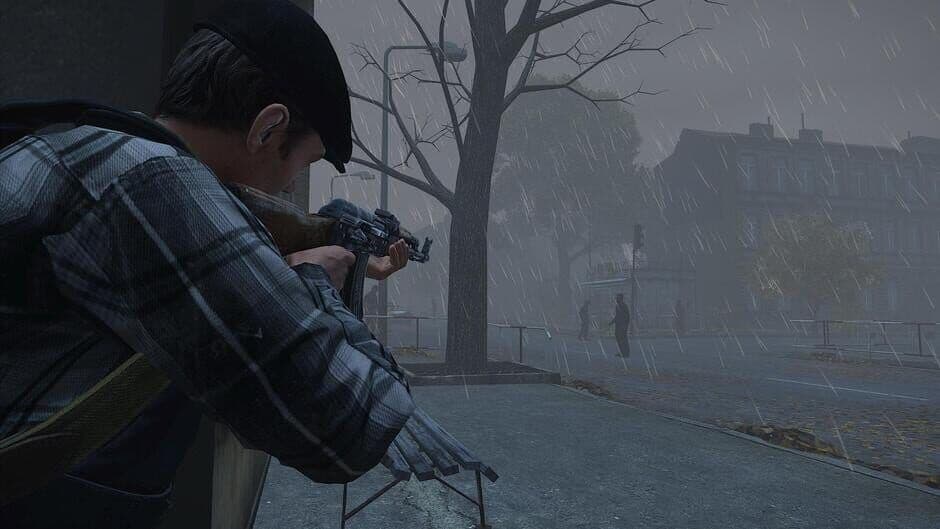DayZ survivor aiming at another player across a rain-soaked street