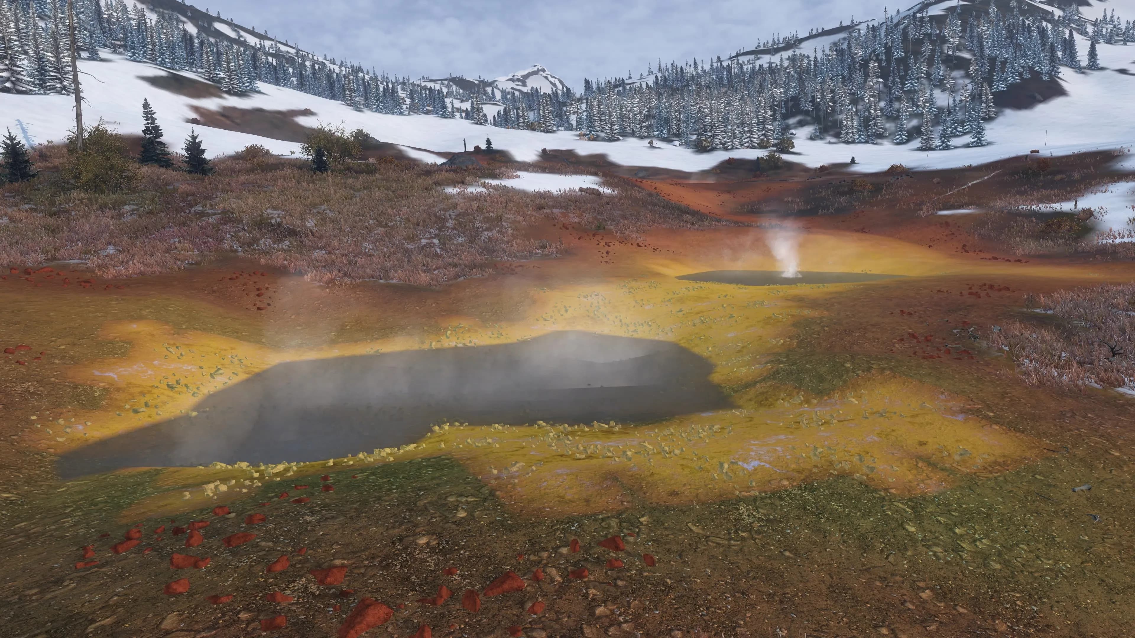 Steaming sulphur-rimmed hot springs below the snow line on DayZ's Sakhal map, with a geyser venting in the background