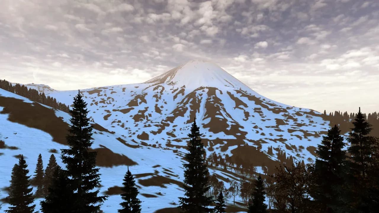 Odinokiy Vulkan, the snow-covered volcano in the north of DayZ's Sakhal map, seen across a ridge of frosted pines